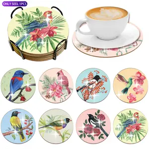 5D DIY wooden point-drill heat-resistant anti-slip diamond painting diverse bird coasters with stand