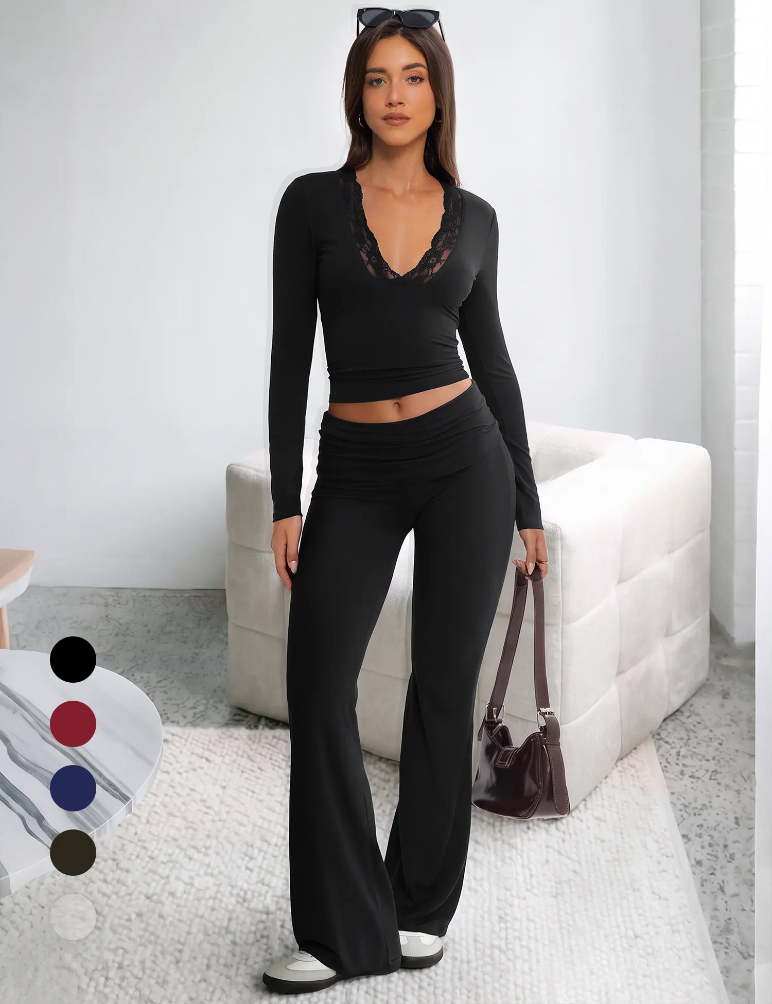 Tournesol Women's Lace Trim V Neck Lounge Set, Long Sleeve Top & Foldover Waist Wide Leg Pants 2 Piece Outfit 037
