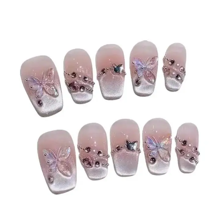 【Lucy U】 French Paris Style 3D Butterfly Rhinestone Decorated Ombre Pink White Press On Nails Elegant Long Coffin Fake Nails for Women Premium Artistic Wearable Nail Tips for Party Daily Fashion Salon-Quality Acrylic False Nails Set