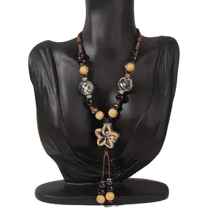 1Pc Exquisite Bohemian Chic Ceramic Adjustable Length Necklace - Elegant Daily Wear for All Seasons - Chinese Inspired Ethnic Style Pendants Turquoise Jewelry