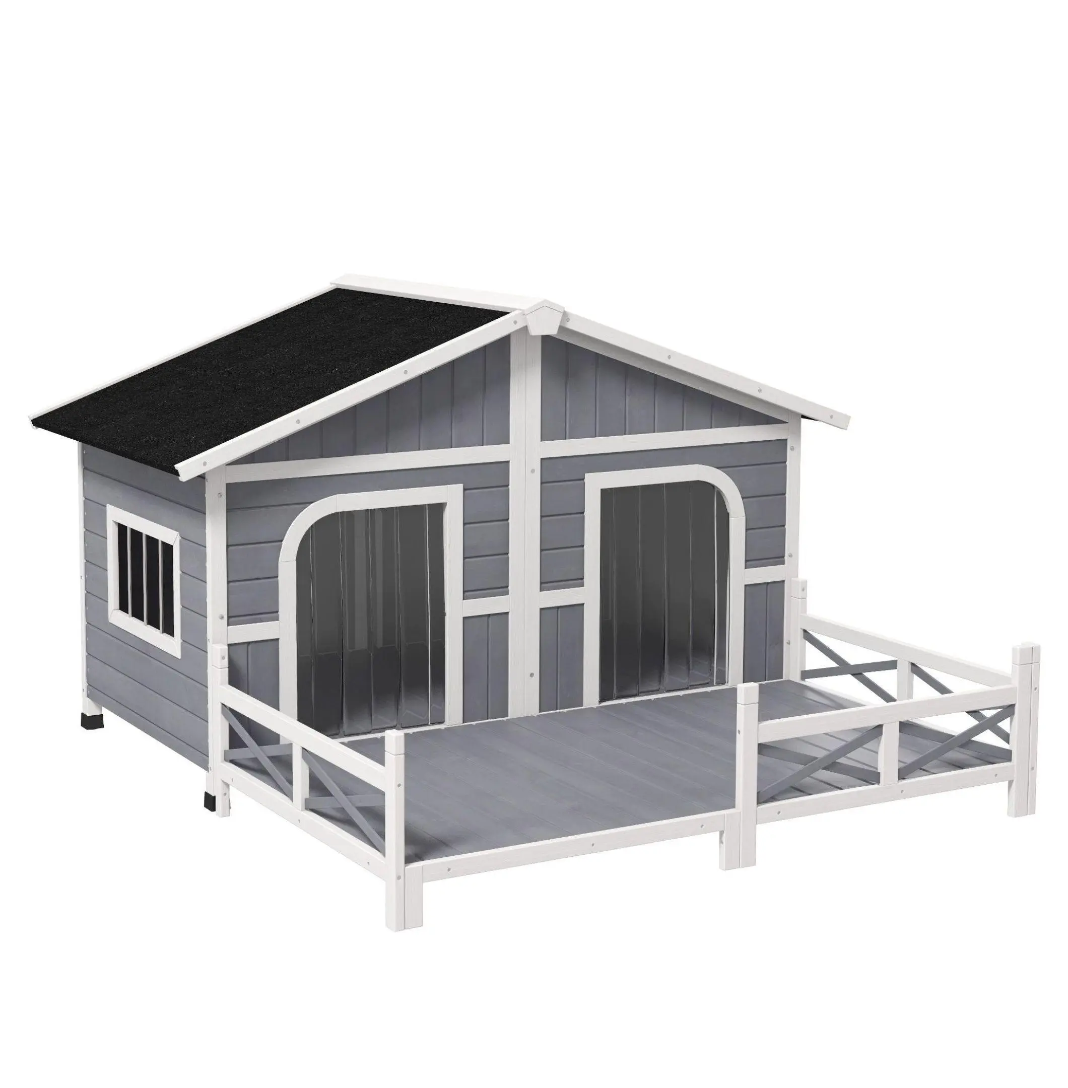 Fir Wood Outdoor Dog House - Cabin Look Elevated Pet Shelter with Porch, Easy-Clean Design for Small-Medium Dogs, Gray Outdoor House