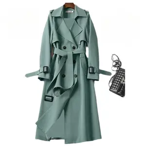 Plus Size Women's Mid-Length Trench Coat 2025 Spring Autumn Over-the-Knee Coat Women's Solid Color Elegant Notched Lapel Double-Breasted Belted Trench Coat Womenswear Jackets Tops Outerwear Black Green Light Style Basic Long Sleeve