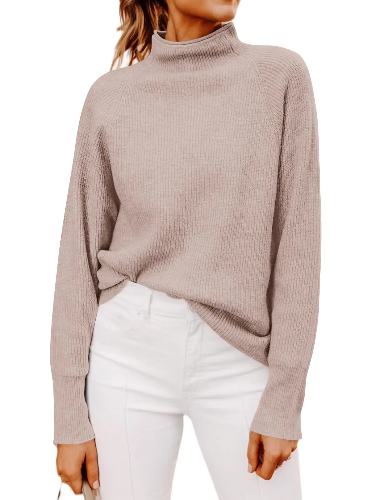 Womens Sweaters Ribbed Chunky Knit Pullover Sweaters Mock Neck Sweater Tops