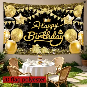 2D flat 1pc black gold birthday background cloth, black gold Happy Birthday words with crown gift elements, suitable for birthday party decoration banners, black gold theme parties, anniversaries, multiple sizes available, polyester material