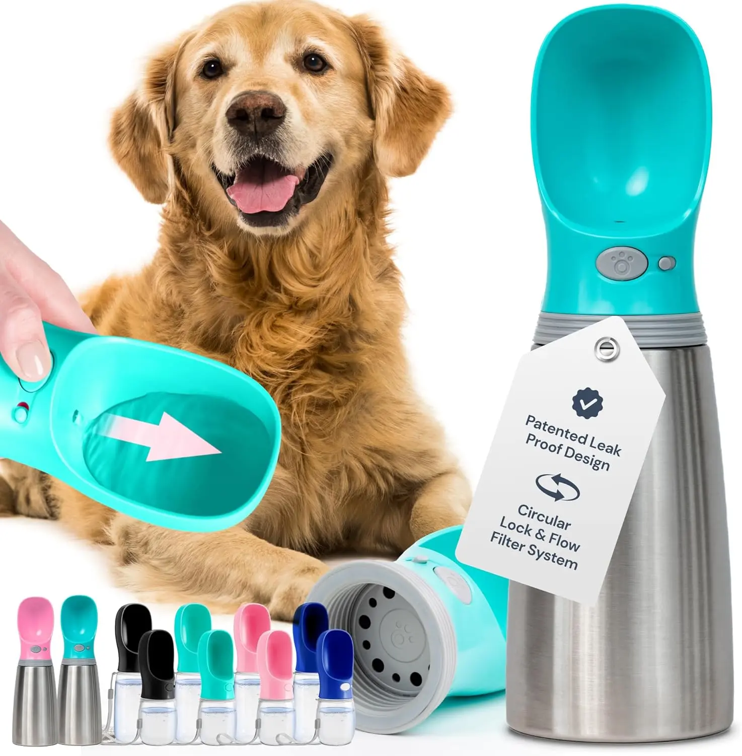 Insulated Dog Water Bottle with One-Press Return – Stainless Steel 24oz Leak-Proof Portable Travel Dispenser for Hiking Park Beach