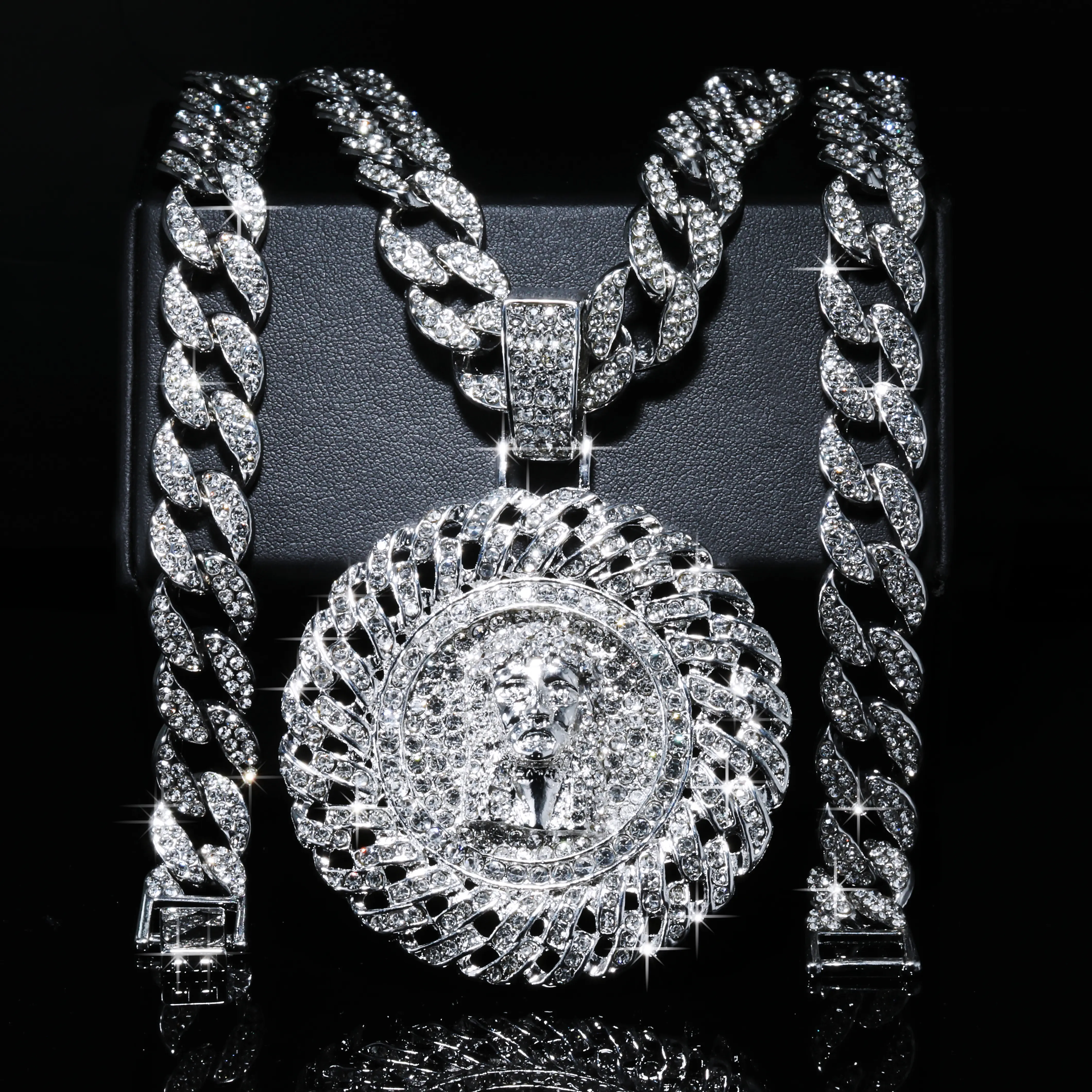 BLINGKINGSTAR 925 Silver-Plated Brass Hip Hop Men's Jewelry 2-pcs Set, Iced Out Round Medallion Jesus Piece Face & 10mm Miami Cuban Link Chain Necklace, 20" 24" & 30"In Birthday Gift for Men, Party Accessory
