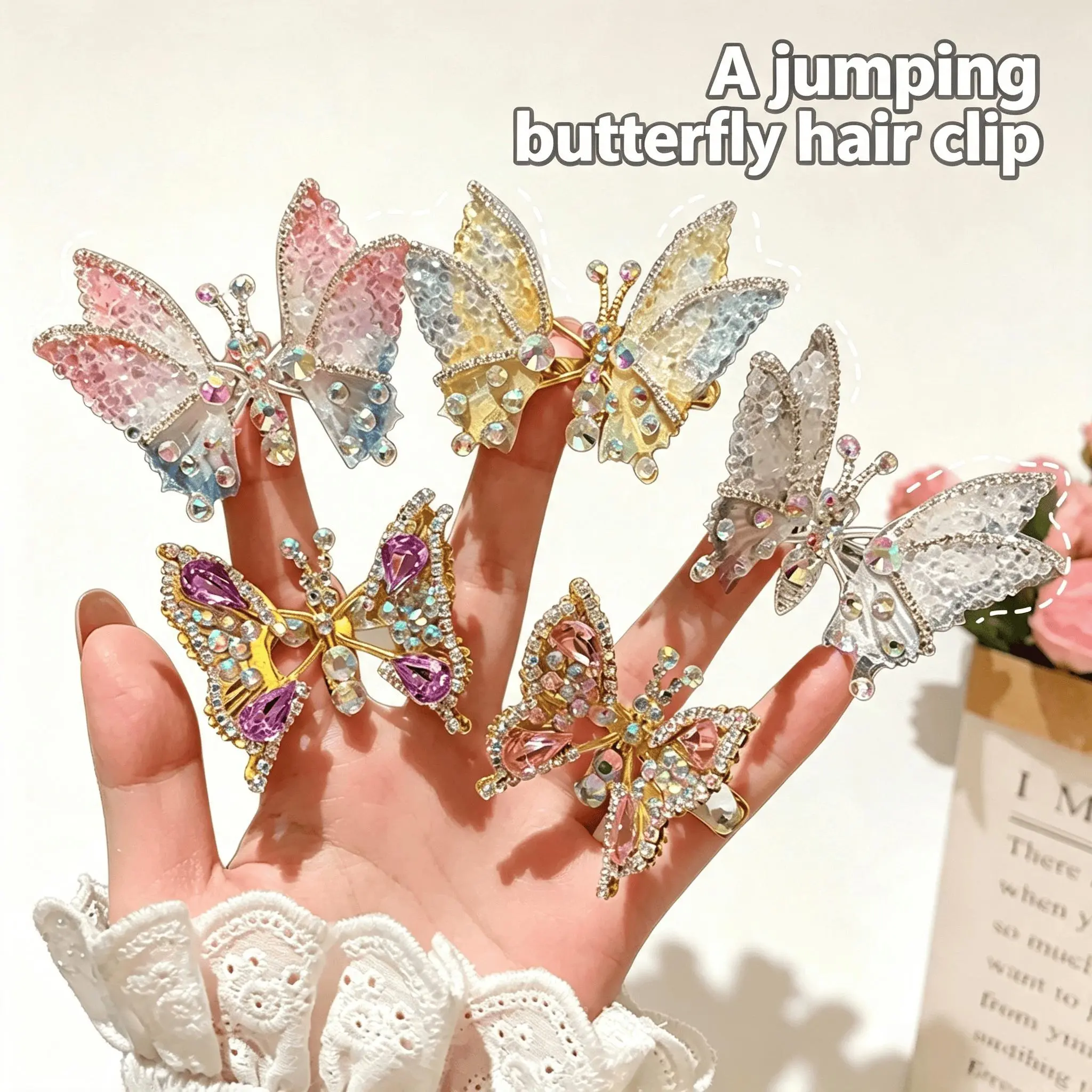 8Pcs 12Pcs Sparkly Rhinestone Butterfly Hair Clips Set, Moving Wing Design Colorful Crystal Side Barrettes, Sweet Aesthetic Hair Accessories for Women Party Daily Hairstyle