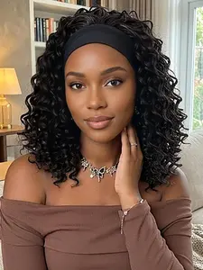 Headband Wig Deep Curly for Women 10 inch Short Curly Wear and Go Wet Tips Headband Wig Curly Half Wigs with Headbands Machine Made No Lace deep Curly Headband Wigs