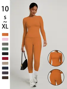 Women's Plain Long Sleeve Top & Pants Set, Comfortable Tight-Fit for Yoga Home Gym, Casual Kardashian Style Clothing, Casual Workout Loungewear