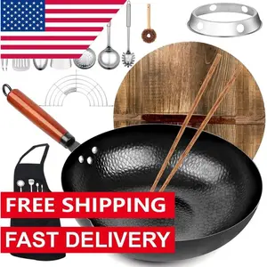 Carbon Steel Wok Pan, 14 Piece Woks & Stir-Fry Pans Set with Wooden Lid Cookwares, No Chemical Coated Flat Bottom Chinese Pan