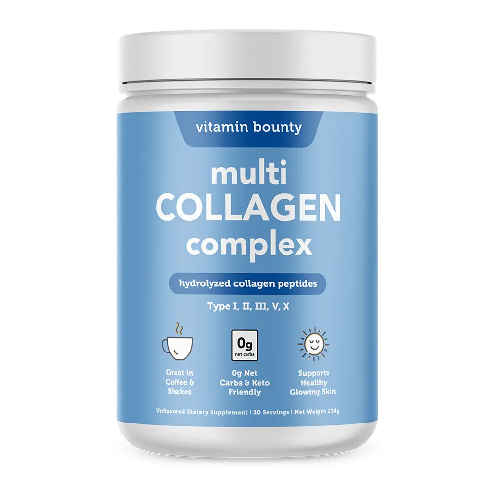 Vitamin Bounty Multi-Collagen Complex with Pure Hydrolyzed Collagen Peptides - Type I,II,III,,V,X for Skin, Hair, Nails & Joints | All-In-One Daily Natural Beauty Routine- Anti-Aging Mobility Wellness Glow | Gluten free Gmo | Support Immune function