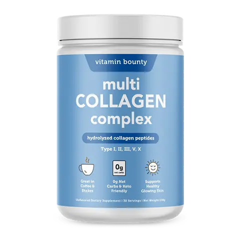 Vitamin Bounty Multi-Collagen Complex with Pure Hydrolyzed Collagen Peptides - Type I,II,III,,V,X for Skin, Hair, Nails & Joints | All-In-One Daily Natural Beauty Routine- Anti-Aging Mobility Wellness Glow | Gluten free Gmo | Support Immune function