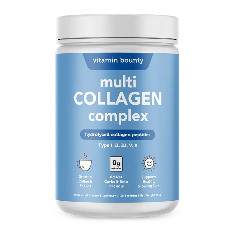 Vitamin Bounty Multi-Collagen Complex with Pure Hydrolyzed Collagen Peptides - Type I,II,III,,V,X for Skin, Hair, Nails & Joints | All-In-One Daily Natural Beauty Routine- Anti-Aging Mobility Wellness Glow | Gluten free Gmo | Support Immune function