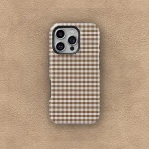 Brown Gingham Rubber Casing for iPhone 17,16,15,14,13,12,11 Pro Max - Soft Girl Cute Design, Fall Aesthetic, Durable Cellphone Accessory with Resistance & Protection, Handheld Wireless Phone Accessory