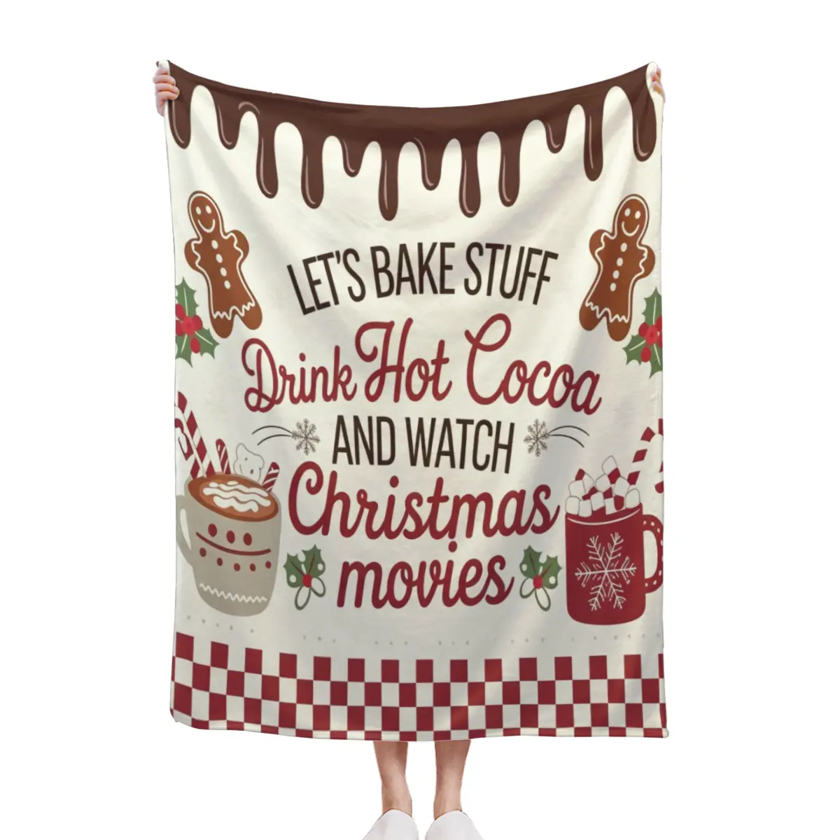 Cozy Fleece Christmas Quilt - Holiday Decorations Home Use Xmas Theme Anti-Allergic Quilt with Baking Hot Cocoa Movie Quote, Gingerbread Man Design, Holiday Gift for Textiles & Soft Furnishings