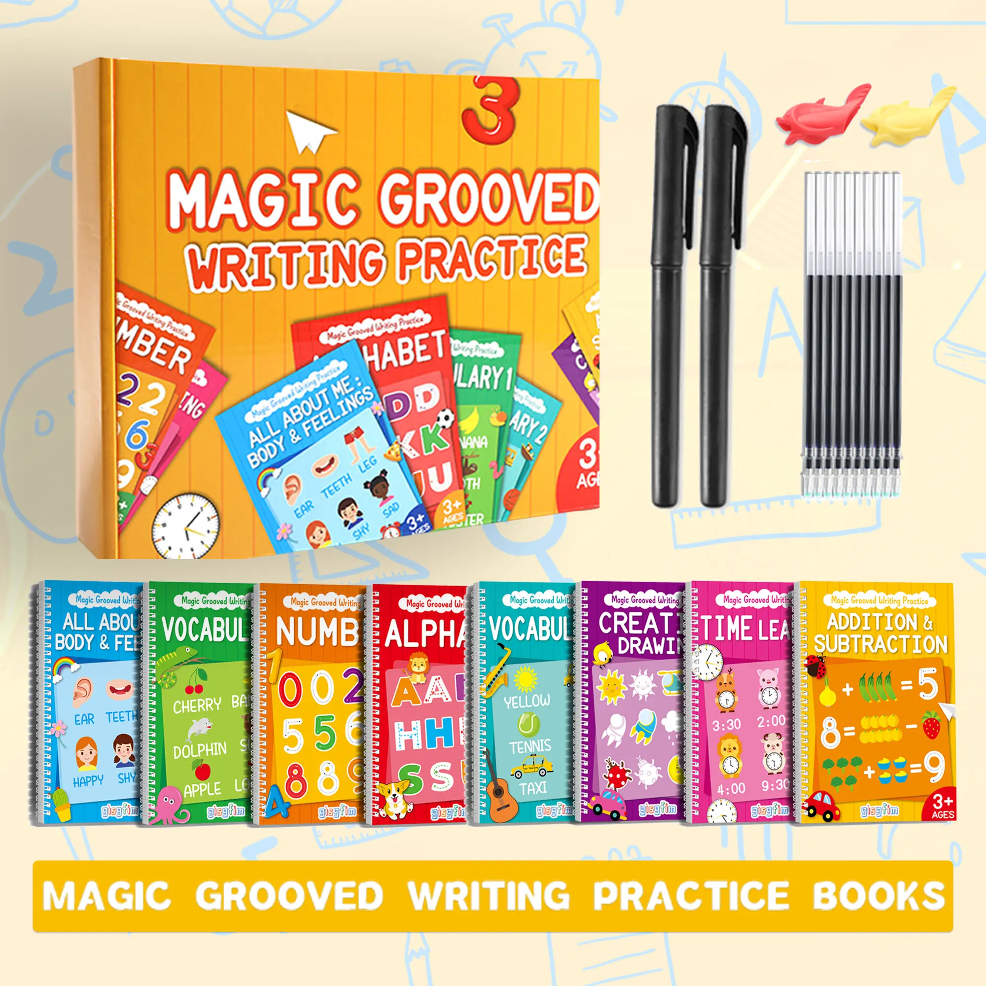 Large Magic Handwriting Practice Tracing Preschool Books for Kids 3-6, 8 Educational Theme Books - Alphabet, Number, Math, Vocabulary, Drawing, Body & Feelings, Time Learning - Summerwins Early Learning Student Supplies