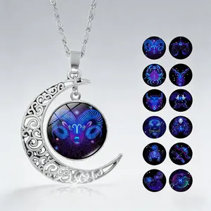 luminous zodiac moon pendant necklace - vintage style, zinc alloy, glass accessories, adjustable necklace for women - ideal for daily wear and as a gift