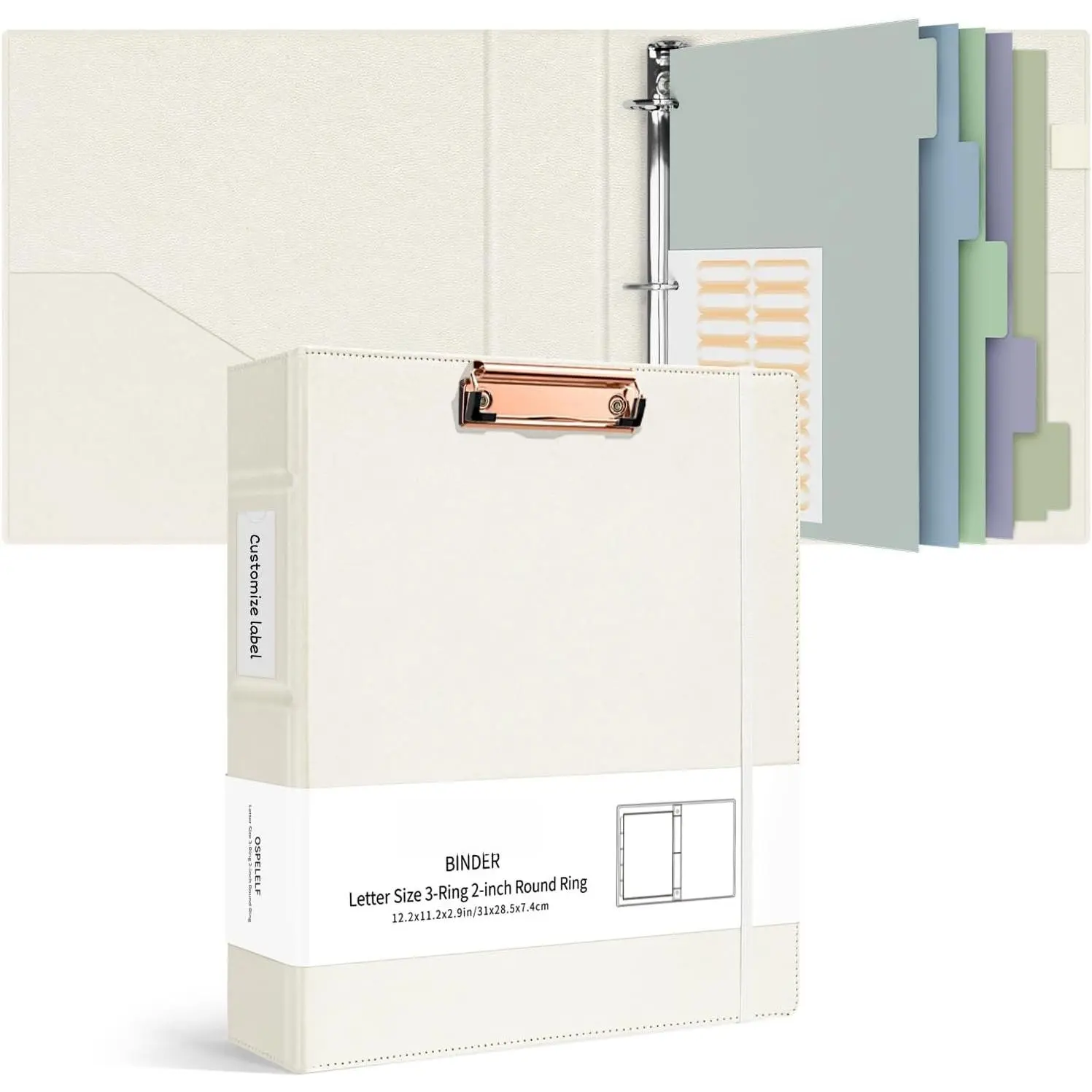 3 Ring Binders with Clipboard 2 Inch, Leather Clipboard Binder Organizer with Dividers and Tabs, Business Binder for Teacher, Work, Beige