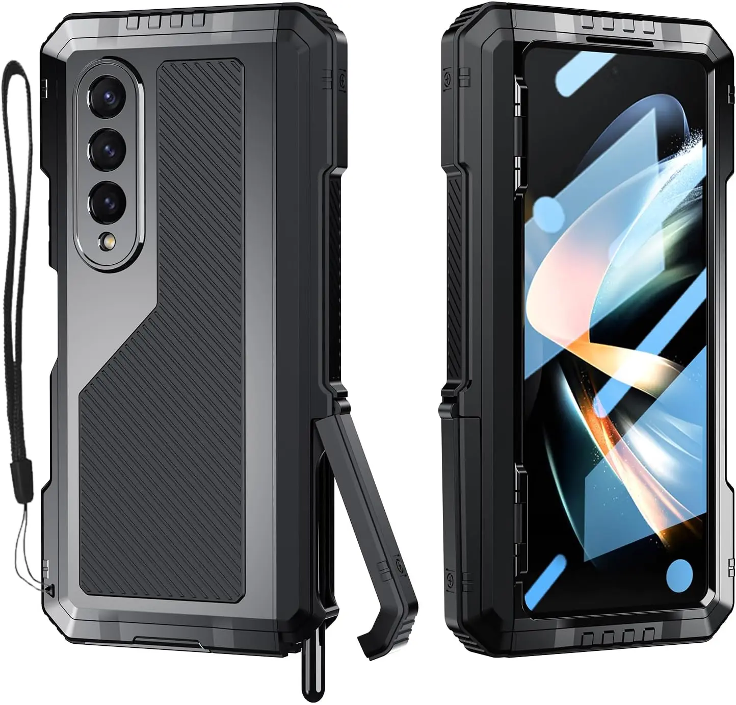 Compatible with  Galaxy Z Fold 4 Case with Metal Bumper  Rugged Heavy Duty Shockproof Protective [S Pen Holder] [Hinge Protection] [Screen Protector] Stand Cover 5G 2022-Black