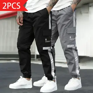 2-pack — men’s cargo casual pants in street hip-hop style; loose athletic pants with pockets; lightweight, quick-drying casual sports pants suitable for men; trendy street-style cargo pants ideal for everyday wear, skateboarding, and fitness activities.
