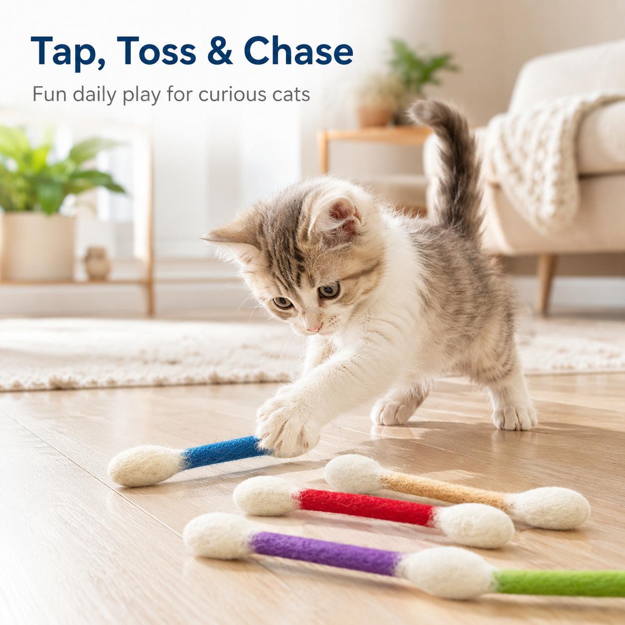 6-Pack Giant Q-Tip-Shaped Cat Toys, Soft Felt Cotton Swab Teething Sticks, Durable Interactive Play Indoor Use Pet Accessories for Kittens, Dental Cleaning, Anxiety & Boredom Relief Daily Entertainment Gifts