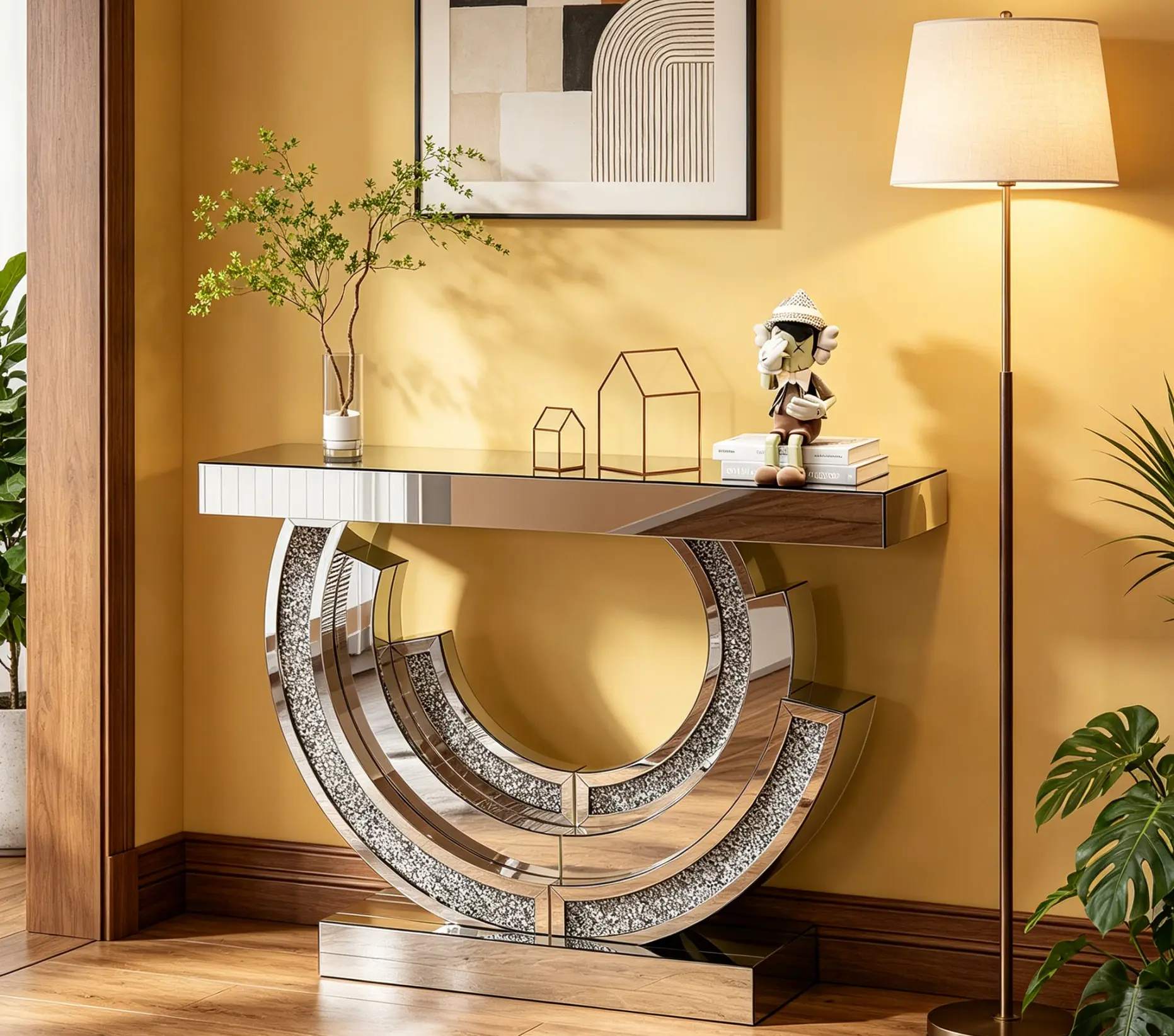 3C-Shaped Crushed Diamond Pedestal Console Table, Indoor Living Room Furniture for Hotel & Home