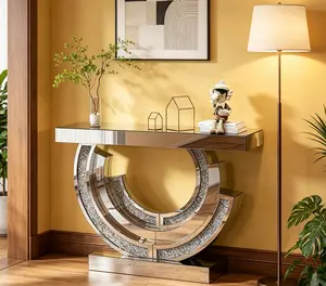 3C-Shaped Crushed Diamond Pedestal Console Table, Indoor Living Room Furniture for Hotel & Home