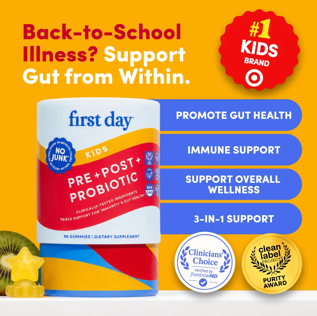 First Day Kids Tribiotic Gummies Ages 4-12, Natural Kiwi Flavor — Livaux Prebiotic, SNZ 1969 Probiotic, MCC1849 Postbiotic — Gut Health, Immunity, Oral Health, Digestion — 30-Day Supply, Vegan, Non-GMO, No Junk