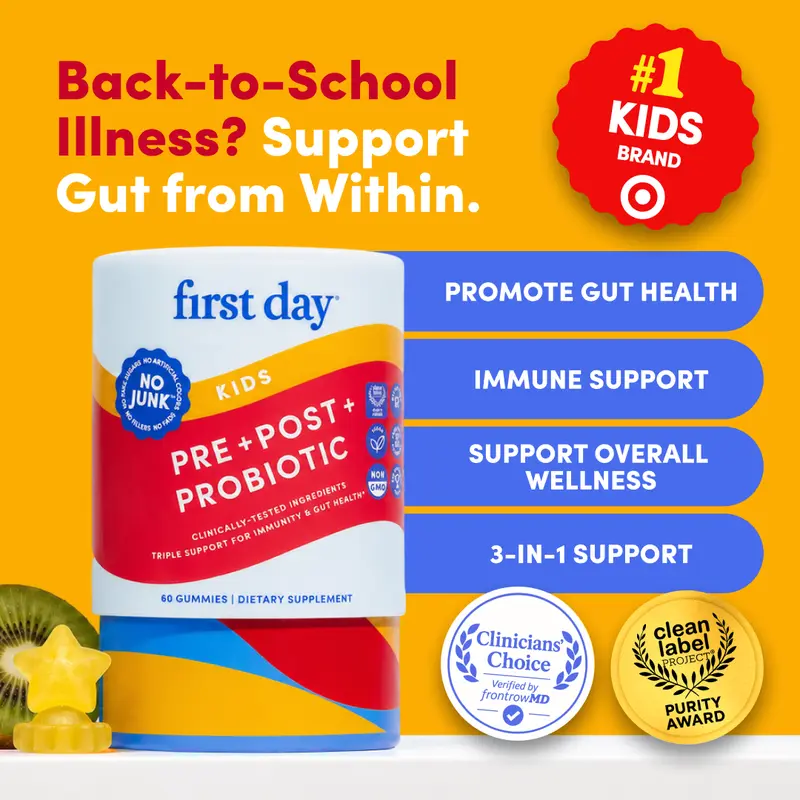 First Day Kids Tribiotic Gummies Ages 4-12, Natural Kiwi Flavor — Livaux Prebiotic, SNZ 1969 Probiotic, MCC1849 Postbiotic — Gut Health, Immunity, Oral Health, Digestion — 30-Day Supply, Vegan, Non-GMO, No Junk