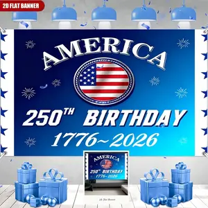 1pc USA 250th Anniversary Banner Tapestry, Blue Gradient with Curved White AMERICA Text and Circular Stars and Stripes, Ideal for Room Home Decor Indoor Outdoor Party Studio Prop