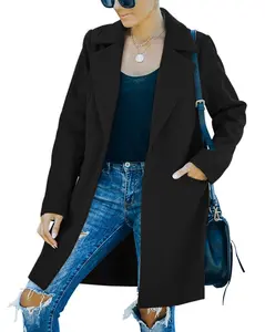 Women's Cute Feminine Simple Long-Sleeve Wool-Blend Pea Coat - Lady's Notched Lapel, Loose-Fitted Midi Overcoat with Premium Warm Fabric, Ideal for Tops Layering & Outdoors Wear