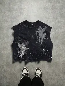 Men's Short Sleeve Boxy Tank Top, Sequin Bead Craft, Summer Vacation Basic, Retro Angel Painting Pattern, Casual Streetwear, Gift Idea