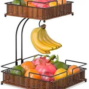 2 Tier Fruit Basket Rattan Fruit Bowl with Banana Holder Natural Woven Fruit Vegetable Stand for Kitchen Countertop
