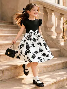 Girls' Patchwork Dress, Ribbed Bubble Short Sleeve Top, High Waisted Bow Belt, A-Line Skirt, Sweet Princess Style, 3-10 Years