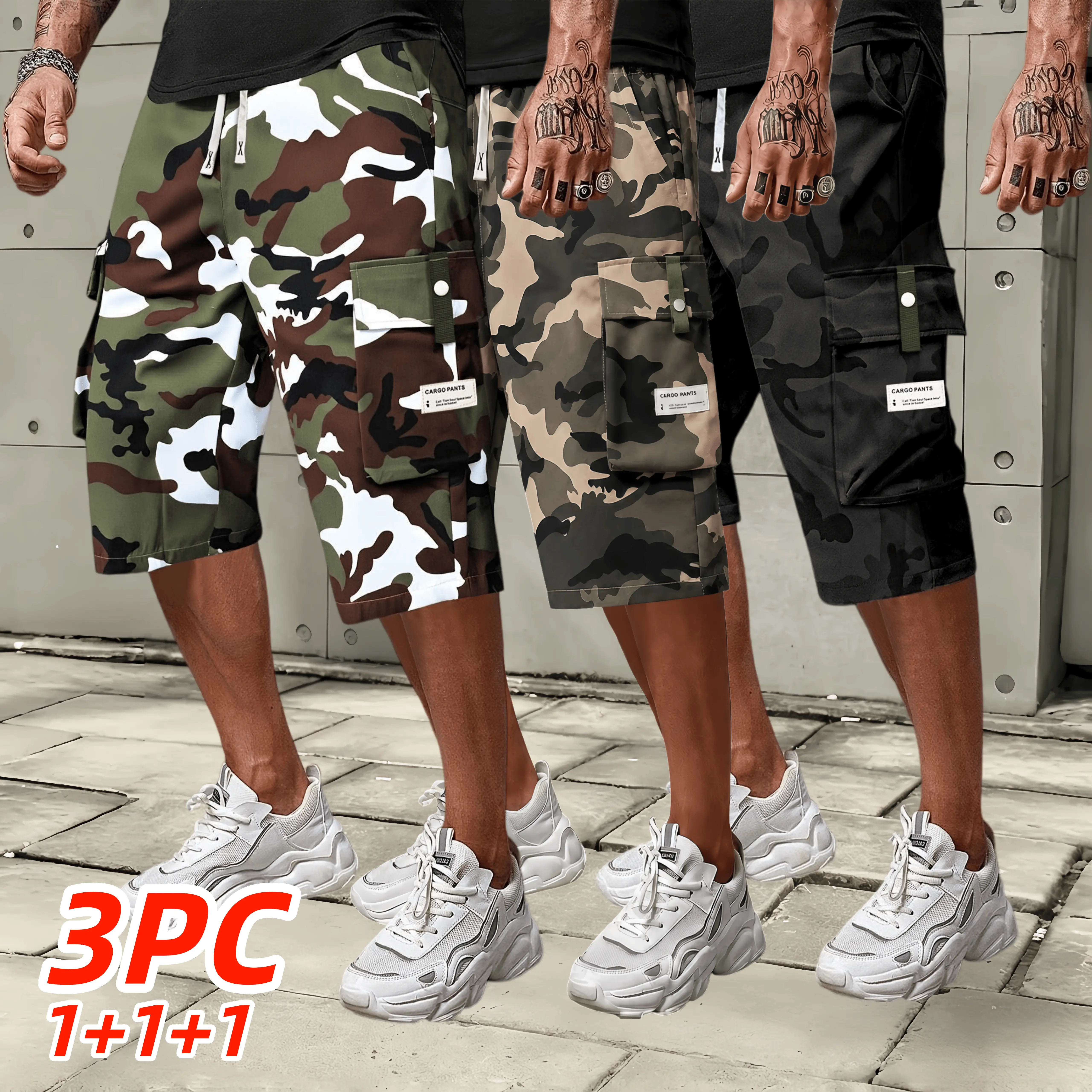 3PCS Men's Camouflage Cargo Shorts with Elastic Drawstring Waist - Multiple Pockets, Regular Fit Casual Outdoor Summer Shorts, Durable Non-Stretch Fabric