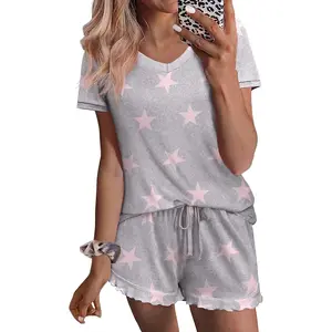 Womens Pajama Sets Summer Pjs Soft Short Sleeve Sleepwear Comfy Ruffle Pj Shorts Set Cute Lounge Sets with Pockets