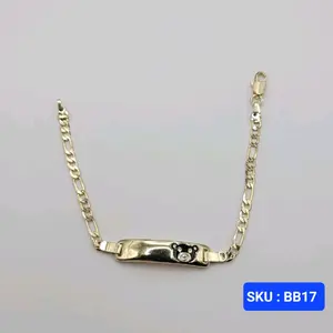 Baby Bracelet ID Black Bear Chain Figaro Style 6 Inches Long 3mm Chain 5mm Wide Adjustable Laminated-Gold Jewelry Elegant Design Customizable Comfort SKU BB17