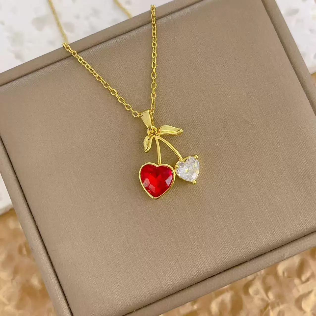 Women's Cherry Necklace Red Heart Pendant Gold Coated Clavicle Chain Elegant & Auspicious Fashion Jewelry