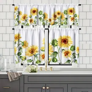 2 Panel 28"X40"/1 Panel 18"X60" Sunflower Kitchen Curtains - Semi-Sheer Window Drapes With Floral Print, Lightweight Machine-Washable Window Treatments For Farmhouse, Living Room, Bathroom, Dining