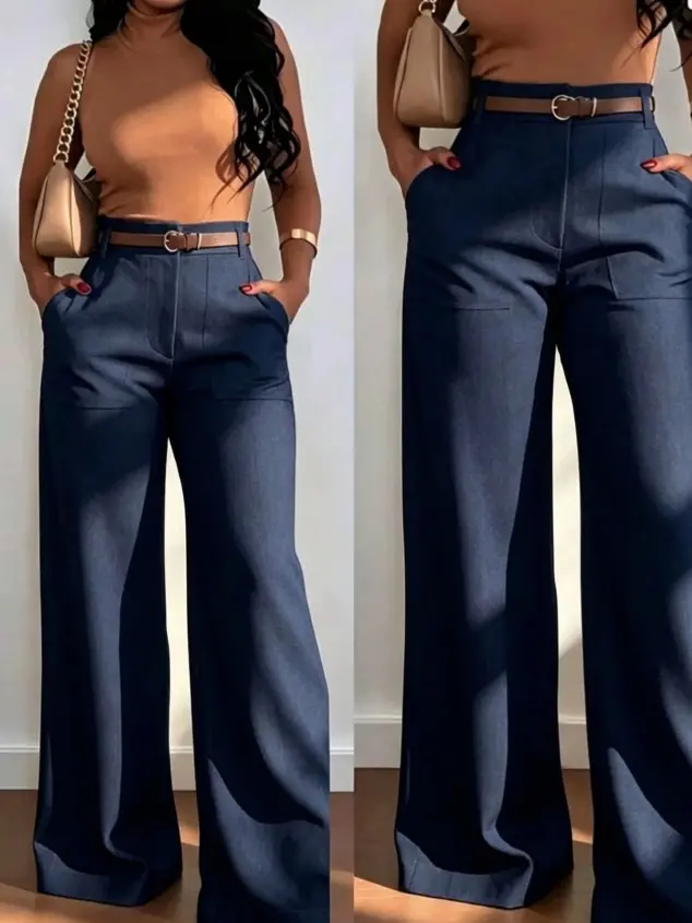 Women's High Waist Straight Leg Wide Leg Casual Commute Pants With Pockets, Fashionable Autumn/Winter Versatile Quality School Back To School