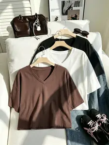 Women's Casual V-Neck Short Sleeve T-Shirt, Loose Fit Basic Solid Color Summer Top, 3-Piece Set, Comfortable and Stylish