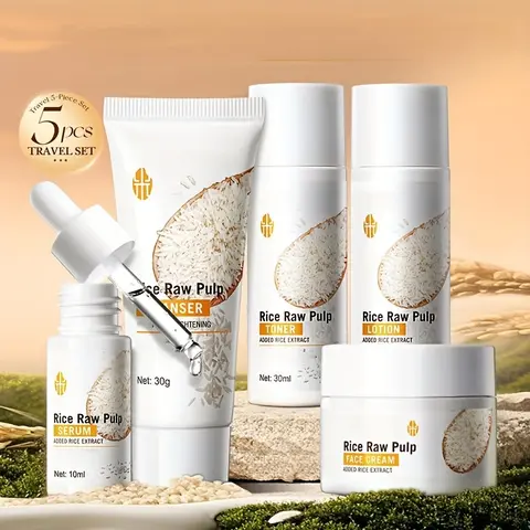 Rice Extract Water-Based 4-Piece Mini Complete Skincare Kit - Travel-Friendly Cleanser, Toner, Essence, Moisturizer for Brightening, Glow Up, Hydrate, Moisture, Gentle Adults Gift for Mother’s Day