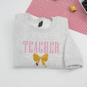 Teacher Embroidered Sweatshirt | Cute Bow Pencil Crewneck Pullover | Back to School Teacher Gift Teacher Embroidered Sweatshirt | Cute Bow Pencil Crewneck Pullover | Back to School Teacher Gift