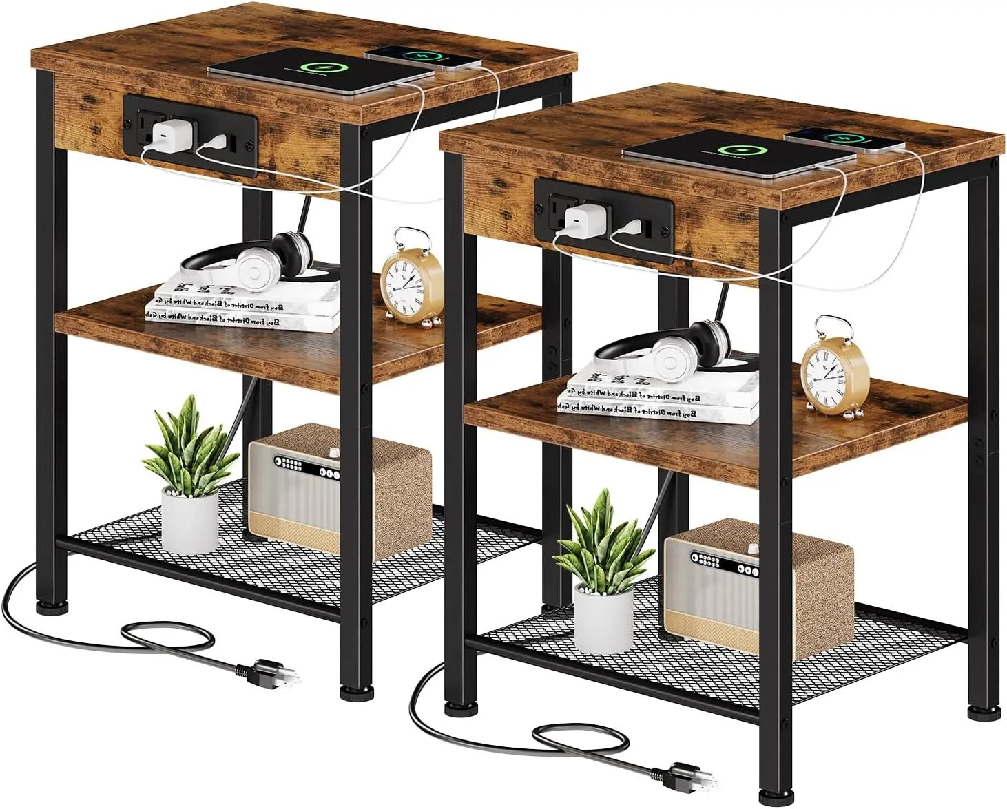 3-Tier Small End Table with Charging Station, USB Port and Adjustable Shelf - Space-Saving Indoor Furniture for Living Room, Bedroom