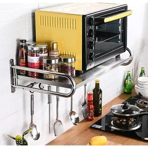 Stainless Steel Microwave Oven Shelf with 6 Hooks, Kitchen Organizer Storage Holder, Wall Mounted, Fits Most Microwaves Under 19 Inches Racks Silver
