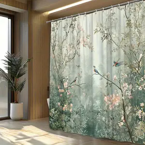 Shower Curtain - Serene Forest Scene with Pink Blossoms & Songbirds, Machine Washable Polyester Bathroom Decor, Shower Curtain with 12 Hooks, Privacy Bathroom Window Treatment - Tranquil Nature-Themed Bathroom Wi 70.87*70.87 Inches/180*180 Cm