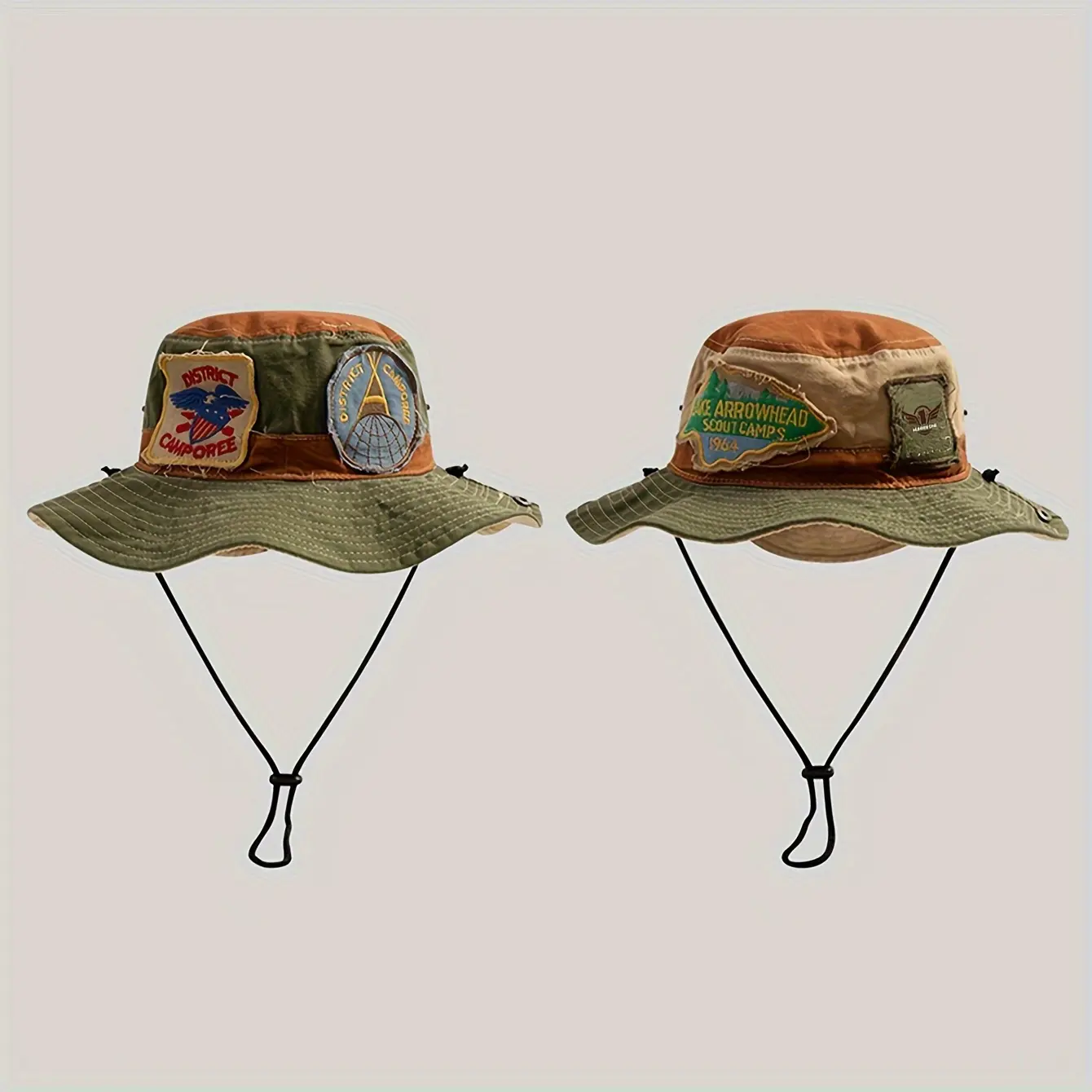 Women's Vintage American Street Style Patchwork Color Block Bucket Hat - Polyester, Non-Stretch, Sun-Protective, Embroidered, Woven, Hand Washable or Dry Cleanable