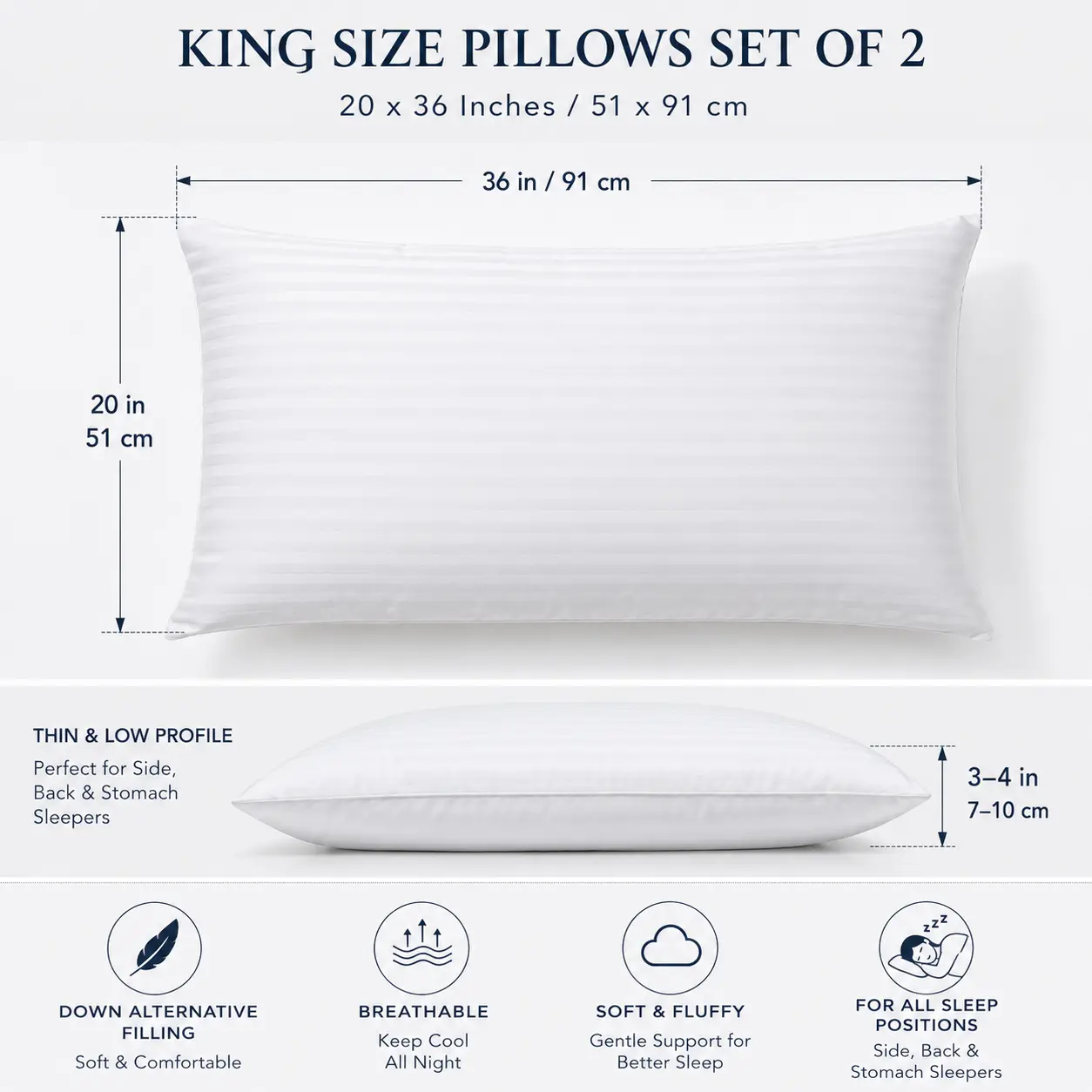 King Size Flat Bed Pillows Set of 2, Ultra Thin & Soft Down Alternative Pillows, Low Profile Support for Side, Back & Stomach Sleepers, 20 x 36 Inches