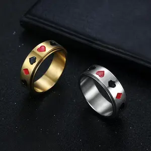 Men's Stainless Steel Rotating Band Ring - Geometric Poker Design, Interlocked Stackable Rings, Casual Wear Accessory for Daily Gatherings, Available in Sizes 7-12