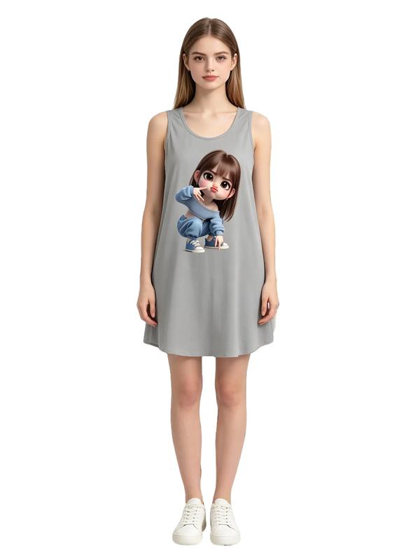 Women's Girl's Comfortable Sleeveless Cartoon Print Polyester Nightdress - Casual, Plus Sizes, Machine Washable Loungewear Sleepwear